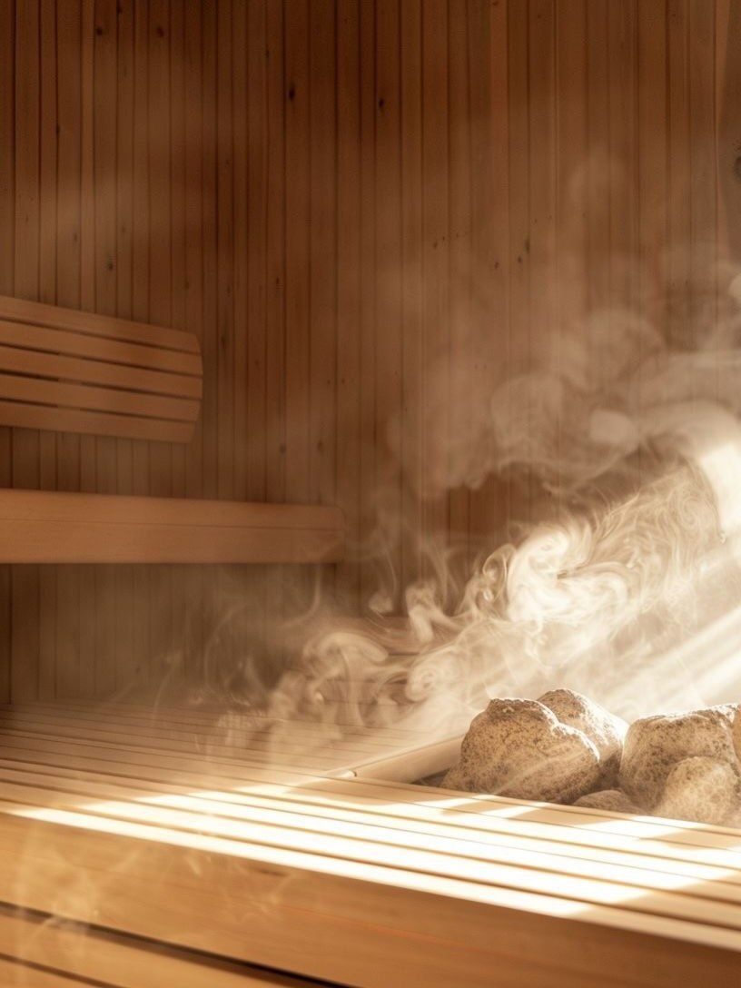 Sauna steam rising over warm stones